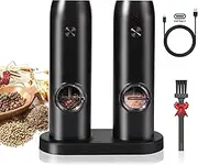 nbe Electric Salt and Pepper Grinder Set | USB Rechargeable Base | 2pcs Automatic Mill Sets with LED Light & Cleaning Brush | One Hand Operation Adjustable Coarseness Spice Grinder, Stainless Steel(A)
