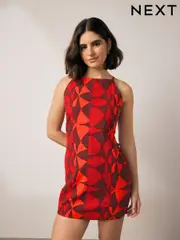 Red and Black Geo Print Mini Sleeveless Racer Stretch Linen Blend Dress (AW4036) | $34