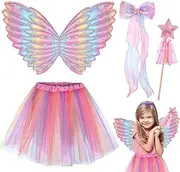 4 Pcs Fairy Costume Set for Girls, Butterfly Wing Fancy Dress Outfit with Tutu Skirt Magic Wand Bow Hairpin Kids Fairy Wings Angel Princess Costume for Kids Party Dress Up