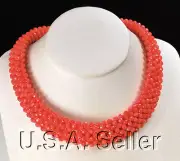 Pink Coral Faceted Round Beads Hand Beaded Silver Statement Necklace 18"*