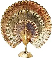 SkyWalker Handcrafted Brass Peacock Showpiece Dancing Peacock Figurine Home Decor Statue Sculpture -10 cm (Multicolor)