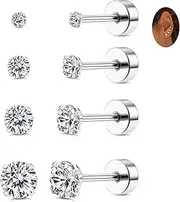 [ZELORES] 4 Pairs Titanium Stud Earrings FlatBack Ball Dot CZ Cartilage Earrings Set Stainless Steel Small Flat back Stud Earrings for Women Men 2mm 3mm 4mm 5mm 20G