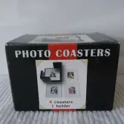 Set Of 4 Star Innovation Glass Photo Coasters 3" x 5" with Black Wooden Holder