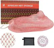 NEBOCA African Net Sponge Authentic African Exfoliating Net Sponge with Knots Real Sapo Sponge with Handles Afro Scrub Net Bath Cloth for Shower (Pink)