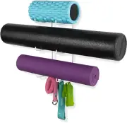 Guru Wall Mount Yoga Mat Foam Roller and Towel Rack with 3 Hooks for Hanging Yog