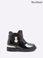 River Island Black Girls Patent Bow Padlock Boots (B94197) | $58