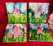 Sest of 4 Handmade Alcohol Ink Tiles Featuring Cute Little Gnomes w Grass & Sky
