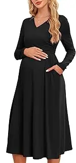 [AISWI] Women's 2024 Fall Patchwork Maternity Nursing Dress with Pockets Long Sleeve V Neck Clothes Midi Pregnancy Dresses