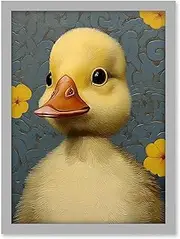 Duckling with Flowers Oil Painting Kids Bedroom Baby Nursery Duck Artwork Framed A3 Wall Art Print