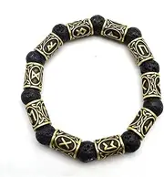 [DUUDAH] Men's Jewelry Bracelet,Beaded Bracelets,Viking Beard Beads Bracelet, Black Volcanic Lava Stone Bracelet, Norse Runes Bangle, Antique Jewelry for Men, 10Pcs Stones+10Pcs Beads,Gold