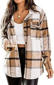 [Jhsnjnr] Womens Casual Flannel Plaid Shirt Lapel Button Down Long Sleeve Shacket Jacket Coat