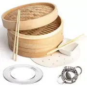 -Bamboo Steamer Basket Set - 2-Tier Dumpling & Food Steamer for Asian Cuisine...