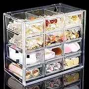 FODIENS Desk Storage Organizer with 12 Mini Drawers, Clear Desktop Craft Drawer Cabinet, Stackable Storage Box Caddy for Makeup Jewelry Office Craft Supplies (7.09x3.94x6.1in)
