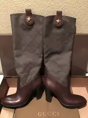100% Authentic GUCCI Vintage Women GG Army Green Monogram Brown Leather Boots