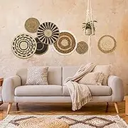 7 Pack Boho Wall Basket Decor, Hanging Woven Wall Basket Decor, Seagrass Rattan Wicker Boho Wall Decor, Round Flat Seagrass Baskets Wall Art, Round Wall Art for Farmhouse Bedroom Living Room Display