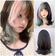 wigs for women Black Pink Green Highlights Short Wavy Wig with Bang Synthetic Women Fluffy Cosplay Wig wig with bangs