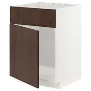 METOD base cabinet f sink w door/front, white/Sinarp brown, 60x60x80 cm