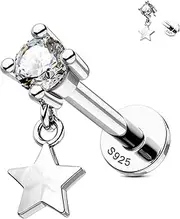 [Jewseen] 925 Sterling Silver Flat Back Stud Earring Star Cartilage Piercing Jewelry CZ Helix Conch Tragus Earring 16g Lip Piercing Jewelry Nose Labret Stud for Women Men