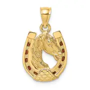 14k Yellow Gold Horse Head In Horseshoe w/ Enameled Charm