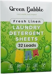 Green Bubble Laundry Detergent Sheets - Eco-Friendly 32 loads Fresh Linen Scent Travel Laundry Detergent Sheets | Plastic Free Laundry Strips W/Recyclable Packaging | Washer Sheets Detergent Fresh Linen