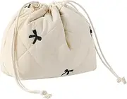Cotton Quilted Drawstring Makeup Bag with Canvas Lining,Coquette Aesthetic Cute Travel Toiletry Bag,Drawstring Gift Bag for Women and Girls, 05Beige Bows