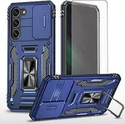 [Asuwish] Phone Case for Samsung Galaxy S23 5G with Tempered Glass Screen Protector and Slide Camera Cover Magnetic Ring Holder Kickstand Slim Cell S 23 23S GS23 G5 SM-S911U 6.1 inch Women Men Navy Blue