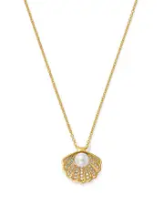 Bloomingdale's Fine Collection Akoya Pearl & Diamond Shell Pendant Necklace in 14K Yellow Gold, 16-18