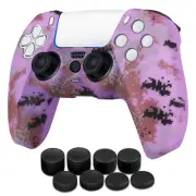 PS5 Controller Skin Grip Cover Silicone Gel Rubber w/ 8 Thumb Caps - Camo Purple
