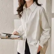 Long-Sleeve Plain Button-Up Shirt / Plain Crew Neck Sweater Vest Shirt - White - One Size