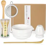 Matcha Whisk Set- Ceramic Matcha Bowl with Spout, Bamboo Matcha Whisk (Chasen), Matcha Whisk Holder & Sifter, Traditional Scoop (Chashaku), Tea Spoon, Ideal Matcha Accessories for Matcha Set (White)