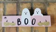 Halloween American Art Decor BOO! Ghost ,Spider , Pumpkins On Pale Pink Wood