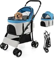 Costway 3-In-1 Pet Stroller with Removable Car Seat Carrier, Foldable Dog Cat Stroller with 4-Level Adjustable Canopy & Storage Basket, 4 Wheel Travel Strolling Cart for Small & Medium Sized Dogs (Ori Blue)