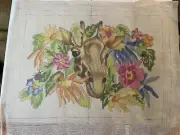 VTG HAND-PAINTED NEEDLEPOINT CANVAS GIRAFFE WITH FLOWERS & LADYBUGS 14 MESH