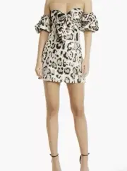 Bardot BNWT Strapless Leopard Print Metallic Bow Mini Dress Balloon Sleeve Sz 8