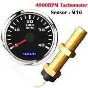 Universal 52MM Tachometer with M16 M18 Tacho Sensor 3000 4000 6000 7000 8000 RPM Marine Tacho Meter with Hourmeter Red Backlight 4000RPM BS M16