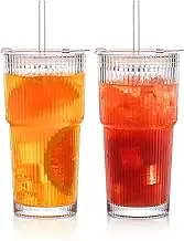 ALINK 20 oz Ribbed Glass Tumblers with Lids and Glass Straws – 2 Pack Glassware Set, Thickened Glass, Ideal for Iced Coffee, Smoothies, Cocktails, and Juices – Elegant and Durable Drinkware