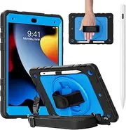 Case for iPad 9th/ 8th/ 7th Generation 10.2'', Case for iPad 10.2 inch with Hand/Shoulder Strap, Pencil Holder, Include Stylus Pen for iPad(Fast Charge Apple iPad Pencil) (Black/Sky Blue)