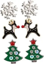 [COLLBATH] Elegant Christmas Earrings 3 Pairs of Elk Trees Snowflake Studs for Women Fashion Ear Decor Family
