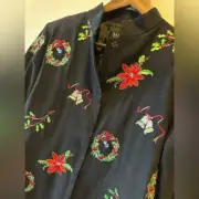 MAK NY Womens 6 Embroidered Christmas Jacket Mandarin Collar Black Poinsettia