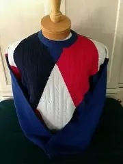 New Mens Pringle L, 2XL Red,White, Blue Argyle LS Cable Knit Sweater $90 Val