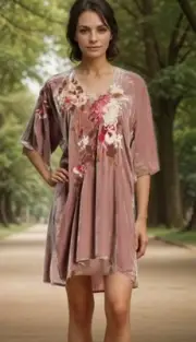 Johnny Was L Pink Velvet Shift Mini Dress Dusty Rose Tunic Top Embroidered Roses