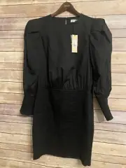 REBECCA MINKOFF Black Tabby Smoked Dress Size M Puff long Sleeves