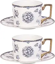 KAMMAK Fine Bone China Teacup and Saucer Set of 2, 8.5 oz Floral Porcelain Tea Set, Latte Cups for Tea Party, Holiday Gifting, Home, Office, Gifts (English Navy, 250ml)
