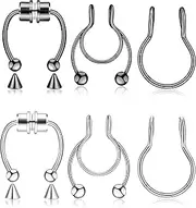 [Faiwuoi] 6 Pieces Nose Rings Fake Nose Ring Magnetic Septum Fake Nose Ring Fake Nose Ring Hoop Stainless Steel Inlaid Jewelry Horseshoe Faux Clip Nose Ring on Non-Pierced Nose Ring for Women Men