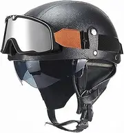 Leather Motorcycle Half Helmet Retro Helmet with Goggles Retro Jet Helmet with Removable Ear Liners Open Helmet Removable Liners Fit Motorcycle Cruisers DOT/ECE Approved