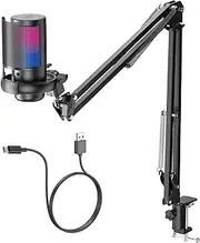 Ssumght USB Gaming Microphone for PC, Condenser Mic with Boom Arm for PS4/ PS5/ Mac/Phone with Touch Mute, RGB Lighting,Gain knob & Monitoring Jack for Streaming,Podcasting,YouTube (Black with Arm)