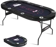 8 Player Poker Table Foldable, 71” Texas Holdem Poker Table, Portable Casino Table for Game Room, Folding Oval Blackjack Game Table w/Padded Rails and Cup Holders, No Assembly Required (Black)