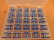 BOX OF 25 BOBBINS BLUE CLEAR PLASTIC Husqvarna Viking Emerald 116,118,183,203