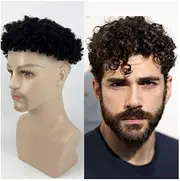 Mens Wig Hair Men Toupee 12mm Curly Real Human Hair Injection PU Skin Base Male Capillary Prosthesis Mens Toupee