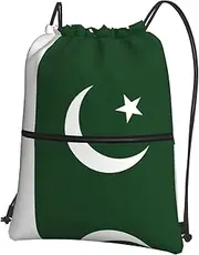 EdWal Flag Of Pakistan Print Drawstring Backpack Gym Bags Sports Bags With Zipper Pocket For Travel Beach, Black, One Size